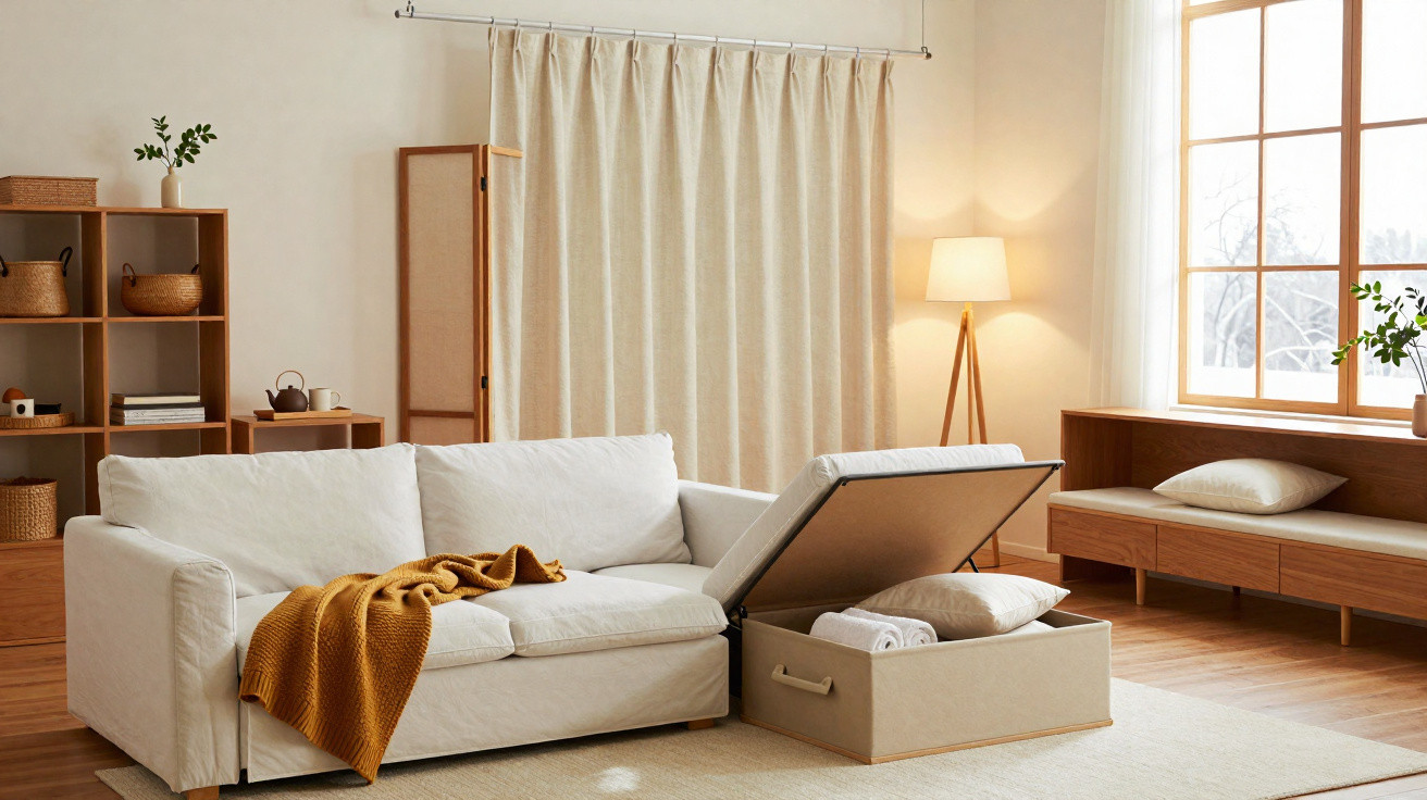 Helles Wohnzimmer mit weißem Sofa, offenem Stauraum, gelber Decke und Holzregal vor Gardinen und Fenster.
