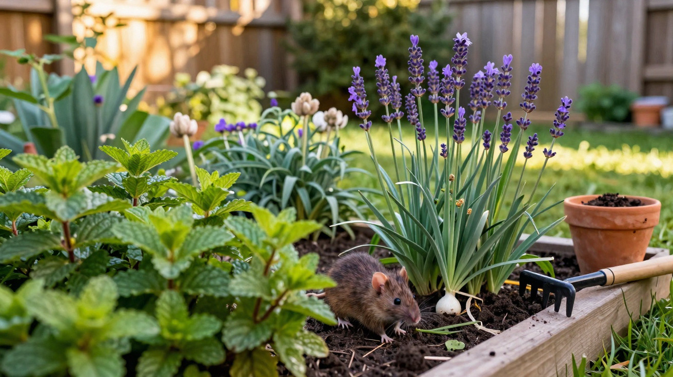 Kleine Ratte in einem Hochbeet mit Lavendel und anderen Pflanzen im Garten an einem sonnigen Tag.