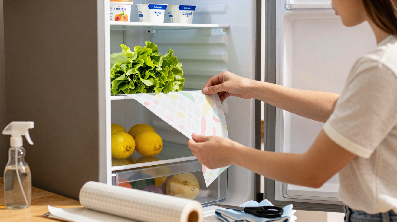 Person legt Frischhaltefolie in Kühlschrank mit Zitronen, Blattsalat und Joghurtbechern ein.