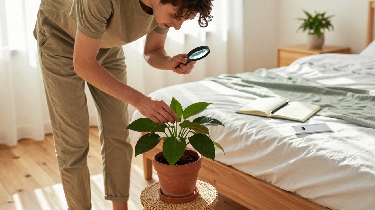 Mann untersucht mit Lupe eine grüne Topfpflanze in Schlafzimmer mit Bett und Notizbuch im Hintergrund.