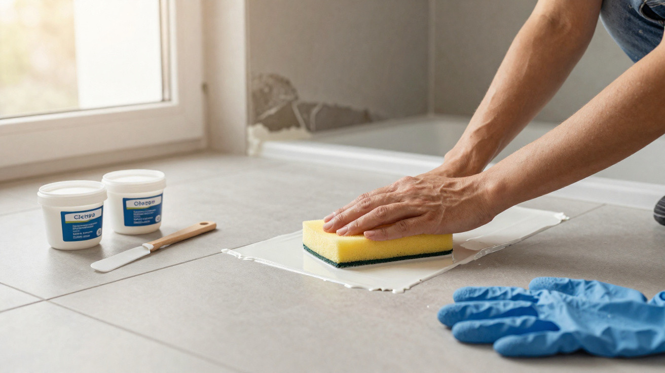 Person trägt Fliesenkleber mit Schwamm in Badezimmer auf Bodenfliesen auf, blaue Handschuhe liegen daneben.