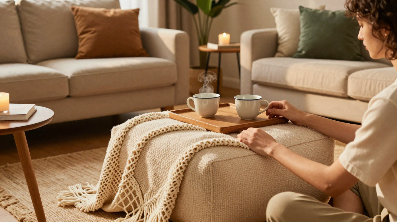 Frau mit zwei Tassen auf Tablett, sitzt auf Boden in gemütlichem Wohnzimmer mit Sofas und Kerze.