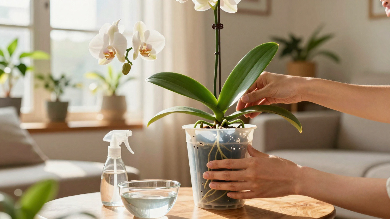 Person pflegt weiße Orchidee in transparentem Topf auf Holztisch in hellem Wohnzimmer