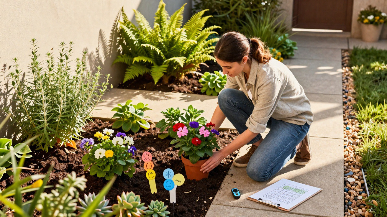 Frau pflanzt bunte Blumen im Garten, umgeben von verschiedenen Pflanzen und Gartenwerkzeugen.