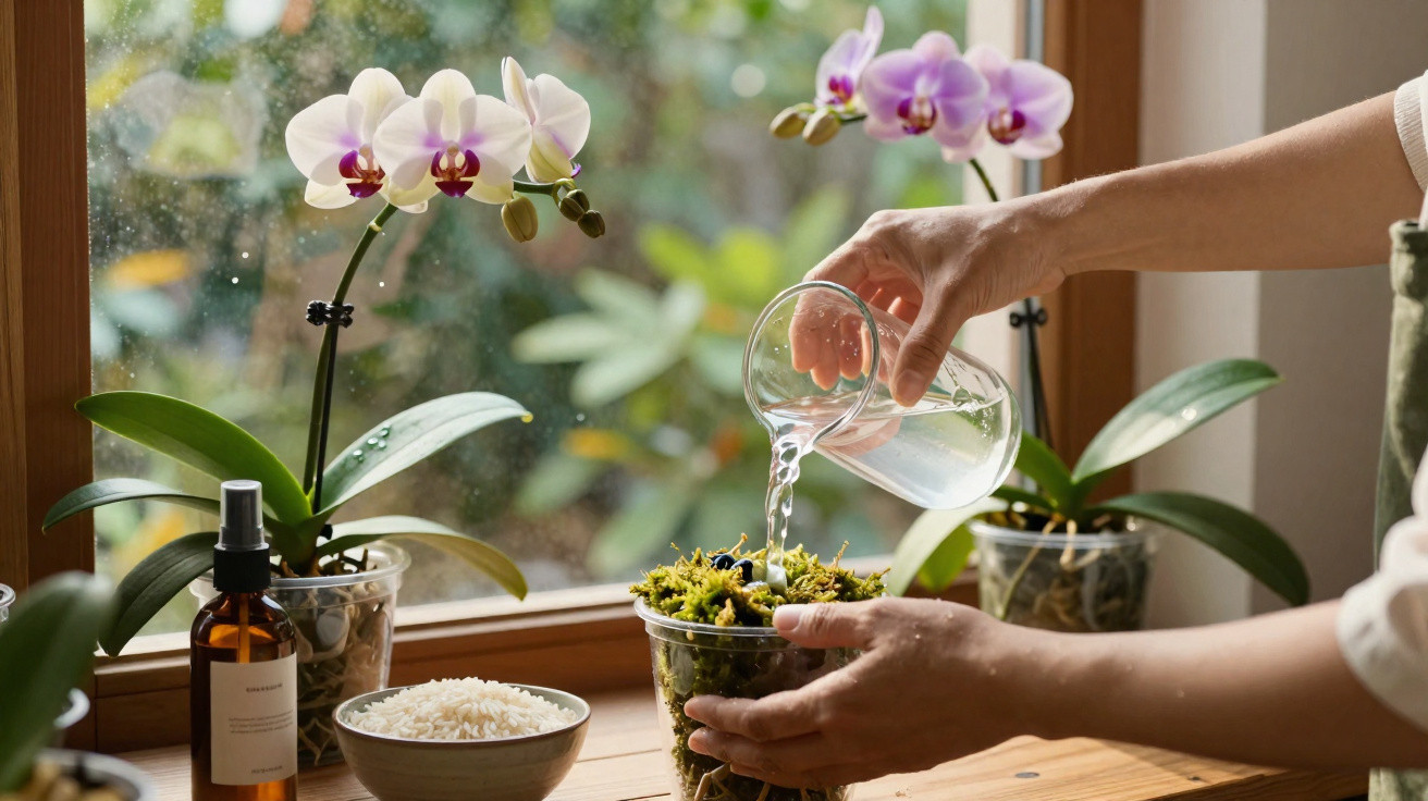 Person gießt Wasser in eine Glasvase mit Moos, zwei Orchideen stehen am Fensterbrett im Hintergrund.