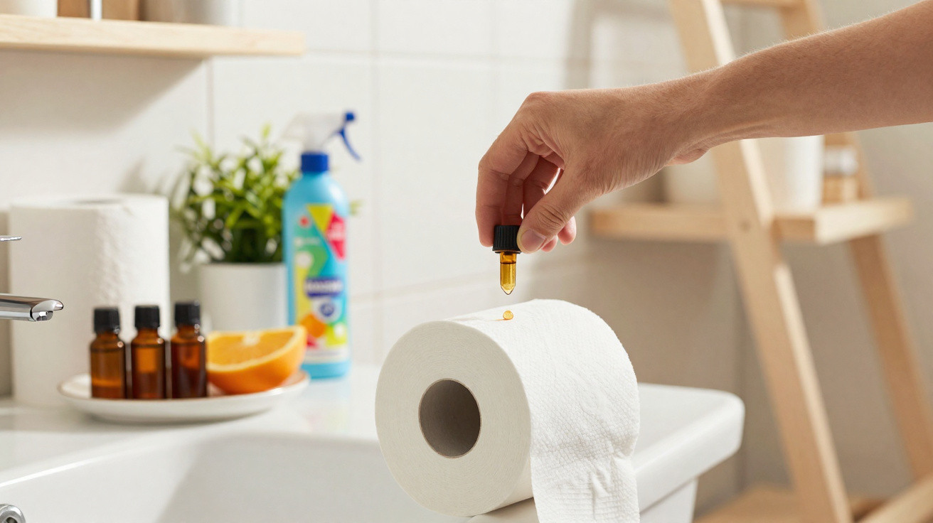 Hand tropft ätherisches Öl von Pipette auf Toilettenpapierrolle im Badezimmer.