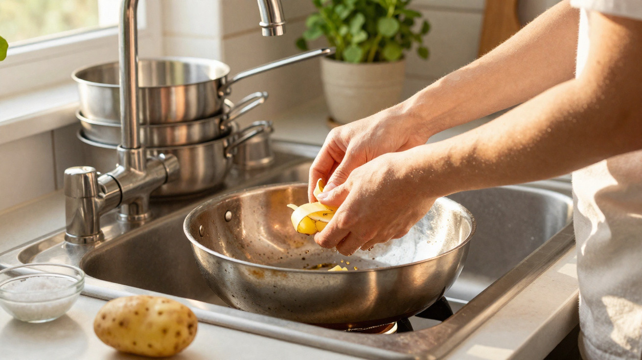 Person schält Kartoffel über einer Spüle mit mehreren Töpfen im Hintergrund