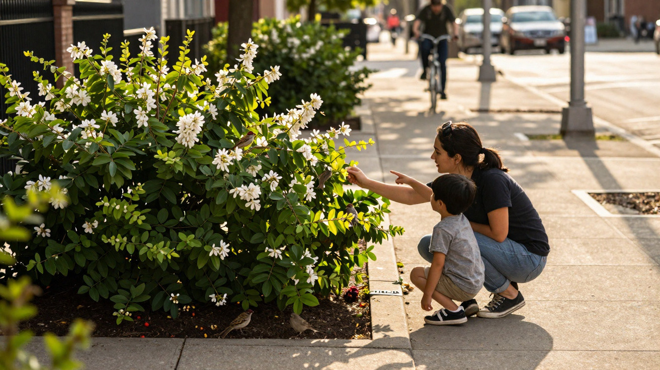 Frau und Kind betrachten Blumen an einem begrünten Bürgersteig an einem sonnigen Tag in der Stadt.