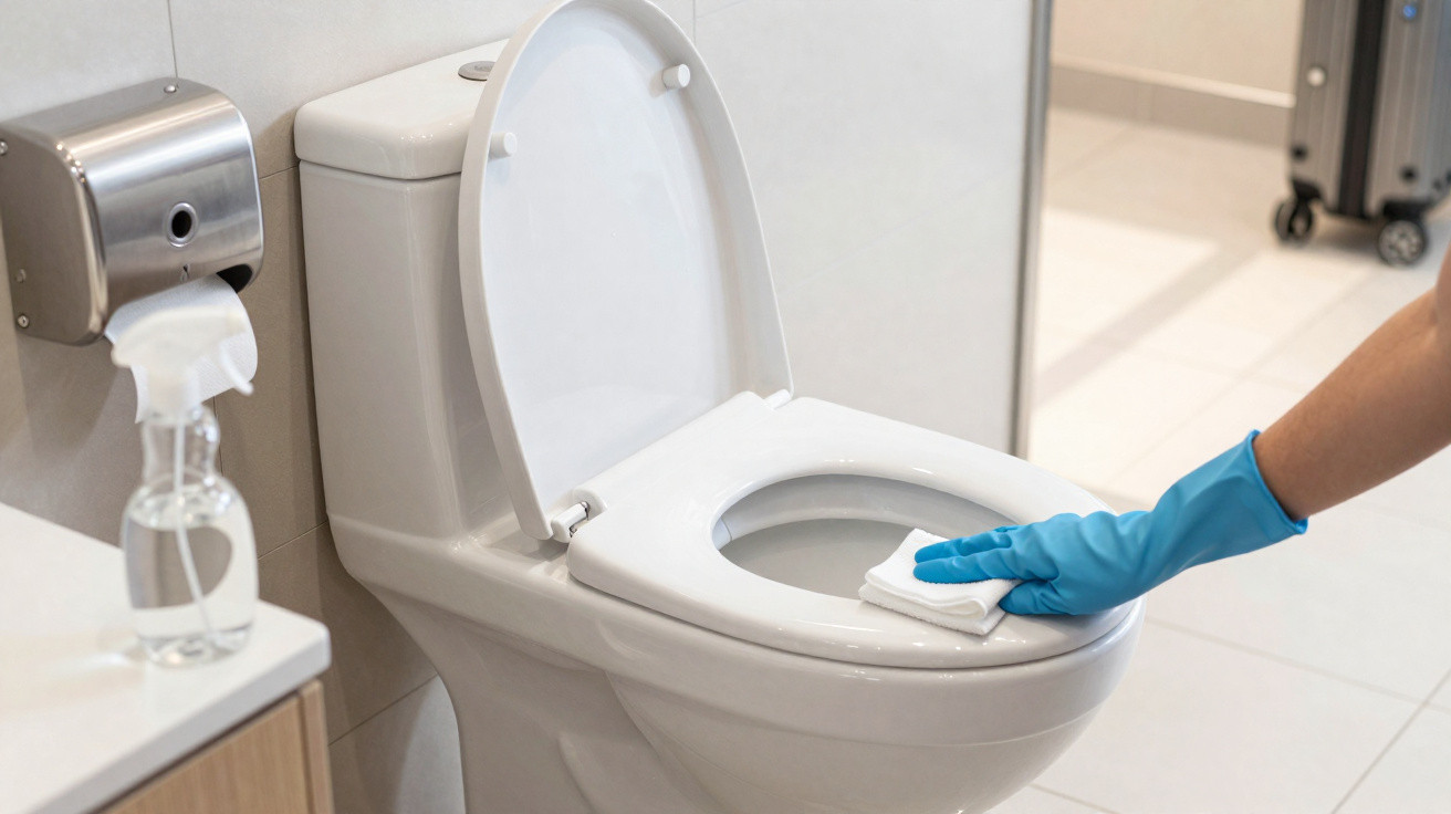 Person mit blauem Handschuh reinigt Toilettensitz mit Tuch im modernen Badezimmer.