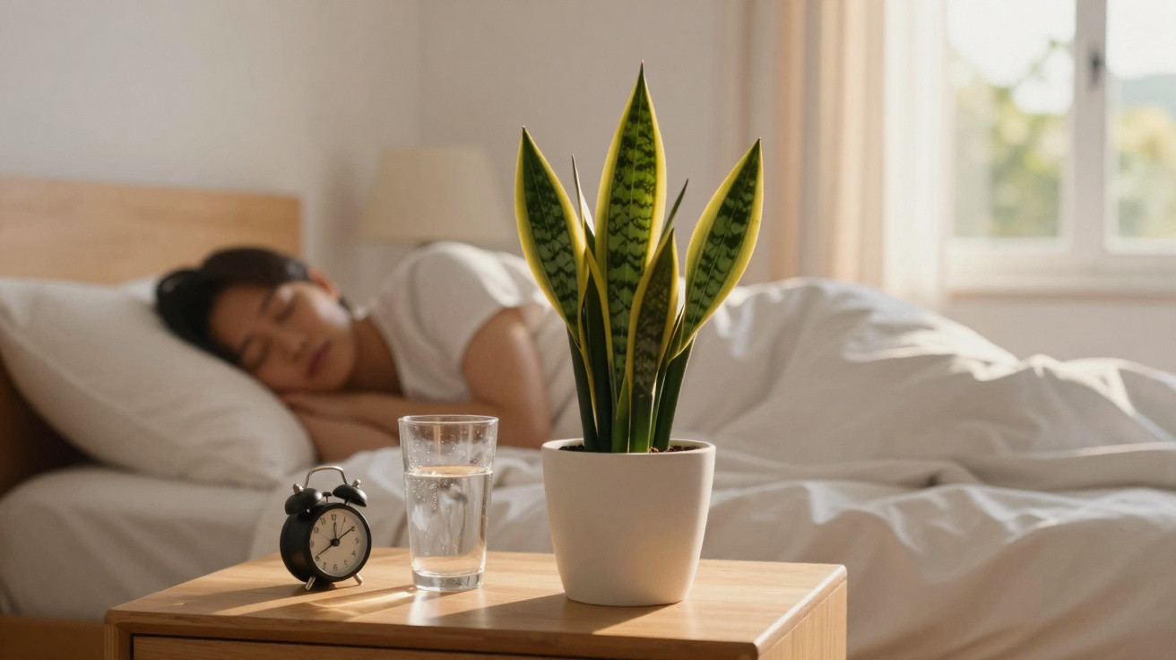 Schlafendes Paar im Bett im Hintergrund, davor Topfpflanze, Glas Wasser und Wecker auf Nachttisch.