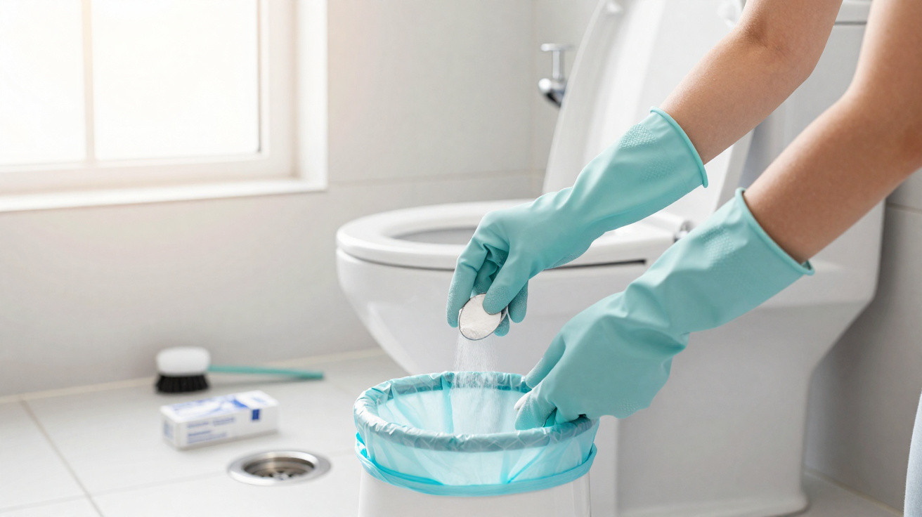 Person mit Gummihandschuhen wirft eine Reinigungstablette in einen Mülleimer im Badezimmer.