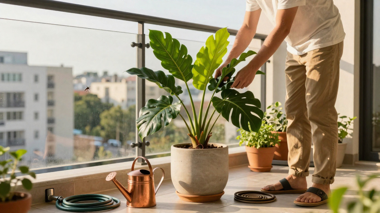 Person gießt Zimmerpflanze auf Balkon mit urbaner Kulisse im Hintergrund bei Sonnenschein.