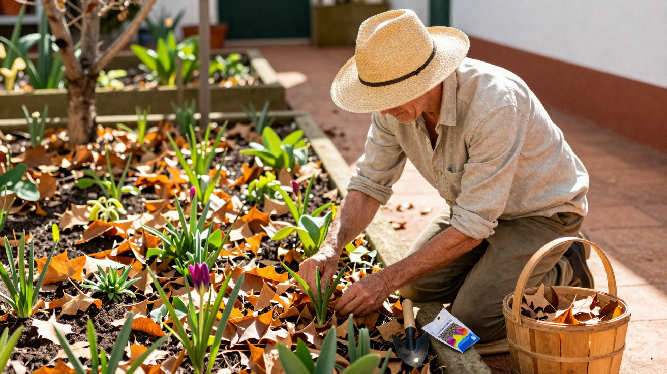 Älterer Mann mit Strohhut, der im Garten zwischen Frühlingsblumen Laub entfernt und pflanzt.