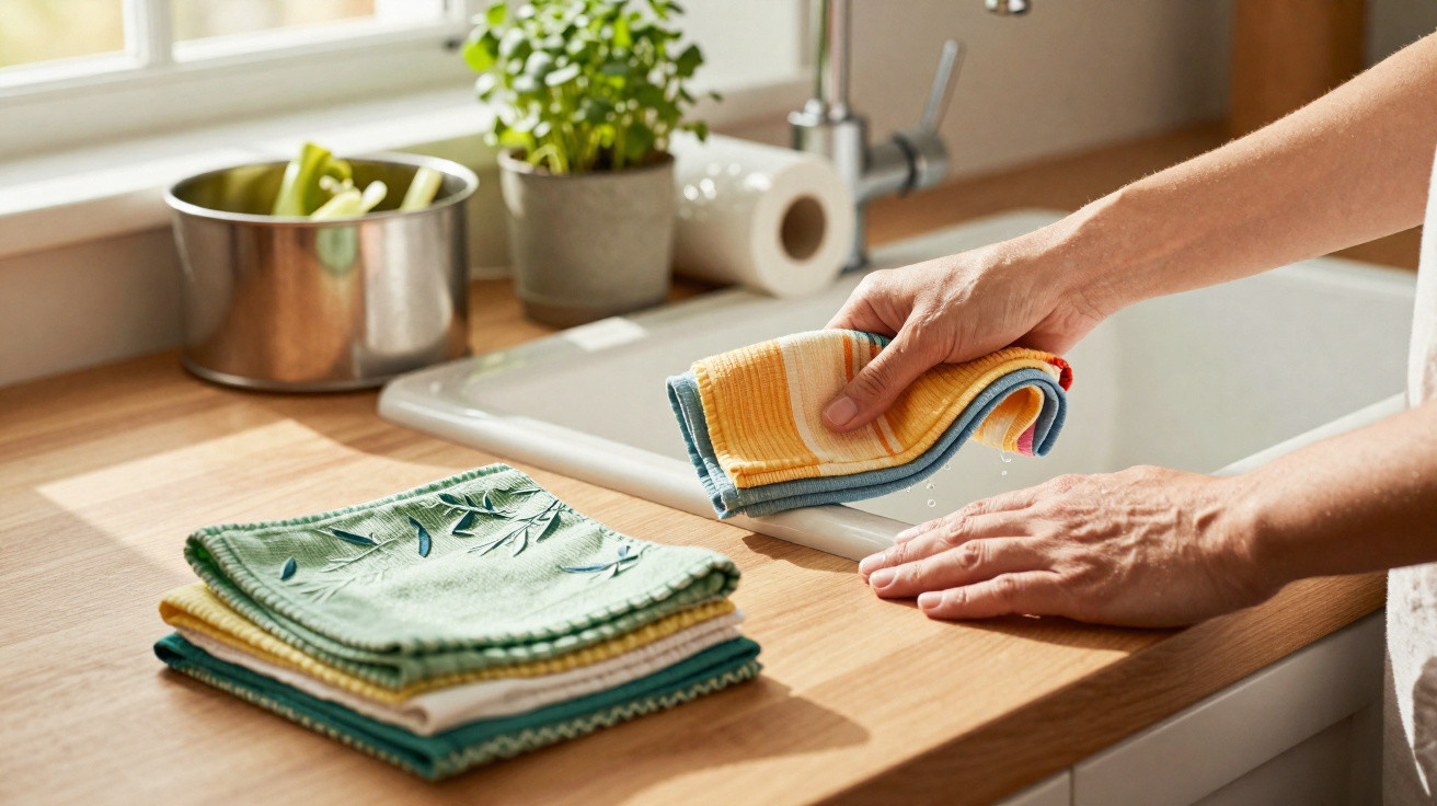 Person wischt Küchentheke mit buntem Geschirrtuch neben Spüle und Kräutertopf ab.