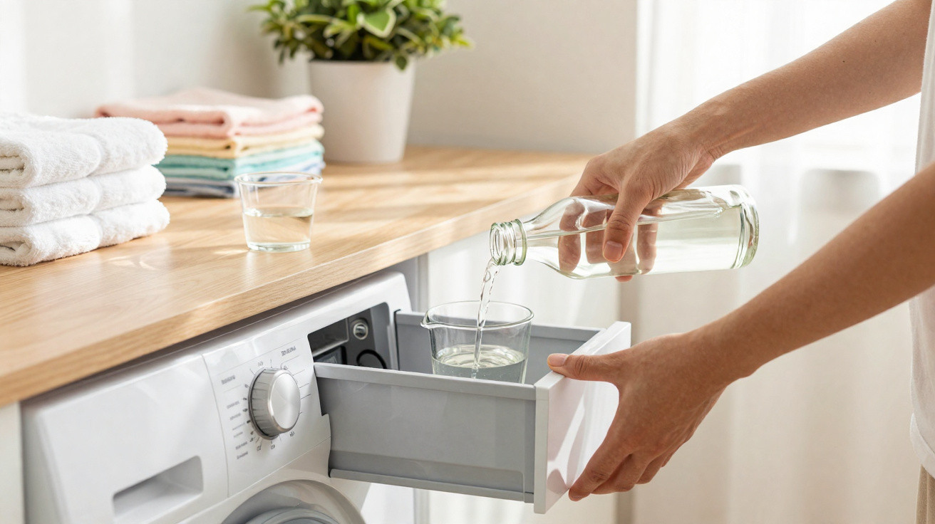 Person gießt Wasser aus Glasflasche in das Waschmittelfach einer Waschmaschine in hellem Raum mit Holztisch.