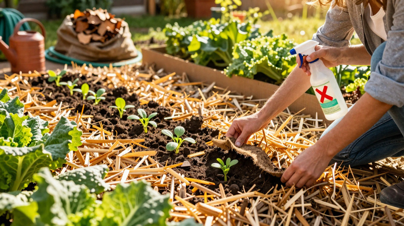 Person gießt und bedeckt Jungpflanzen mit Mulch auf einem Hochbeet im sonnigen Garten.