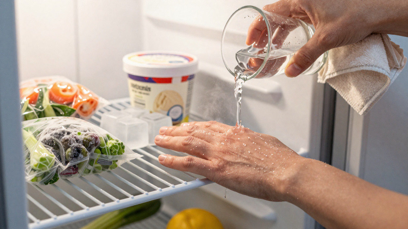 Person gießt Wasser aus einem Glas auf die Hand vor geöffnetem Kühlschrank mit Lebensmitteln.
