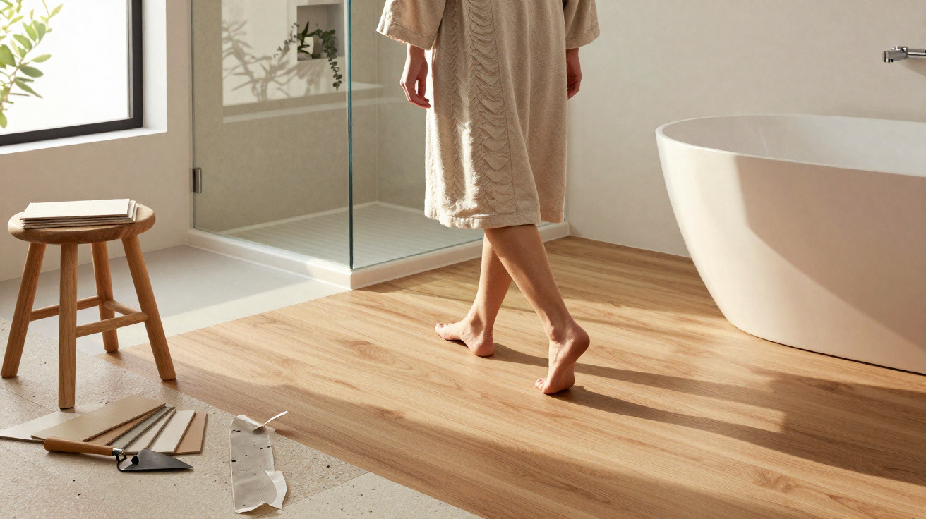 Frau in Bademantel geht barfuß auf Holzfußboden in hellem Badezimmer mit Badewanne und Dusche.
