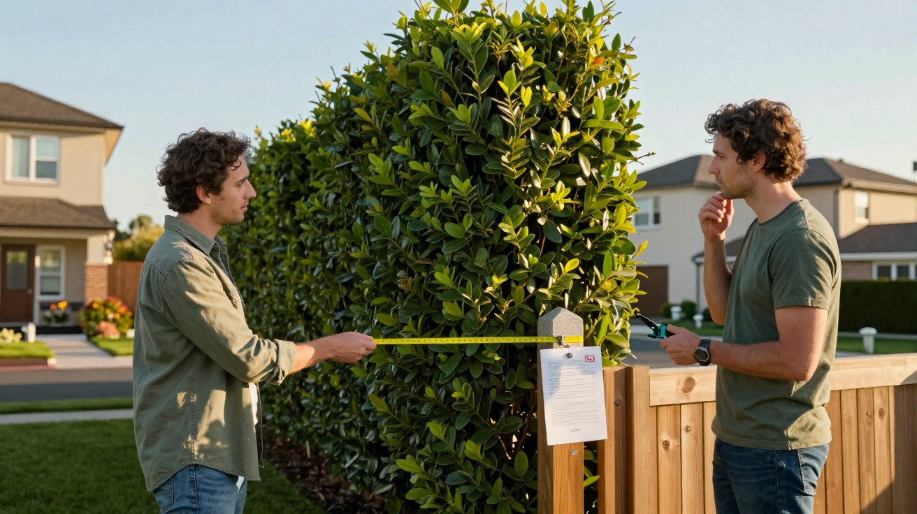 Zwei Männer messen mit einem Meterstab eine Hecke zwischen zwei Grundstücken in einem Wohngebiet.