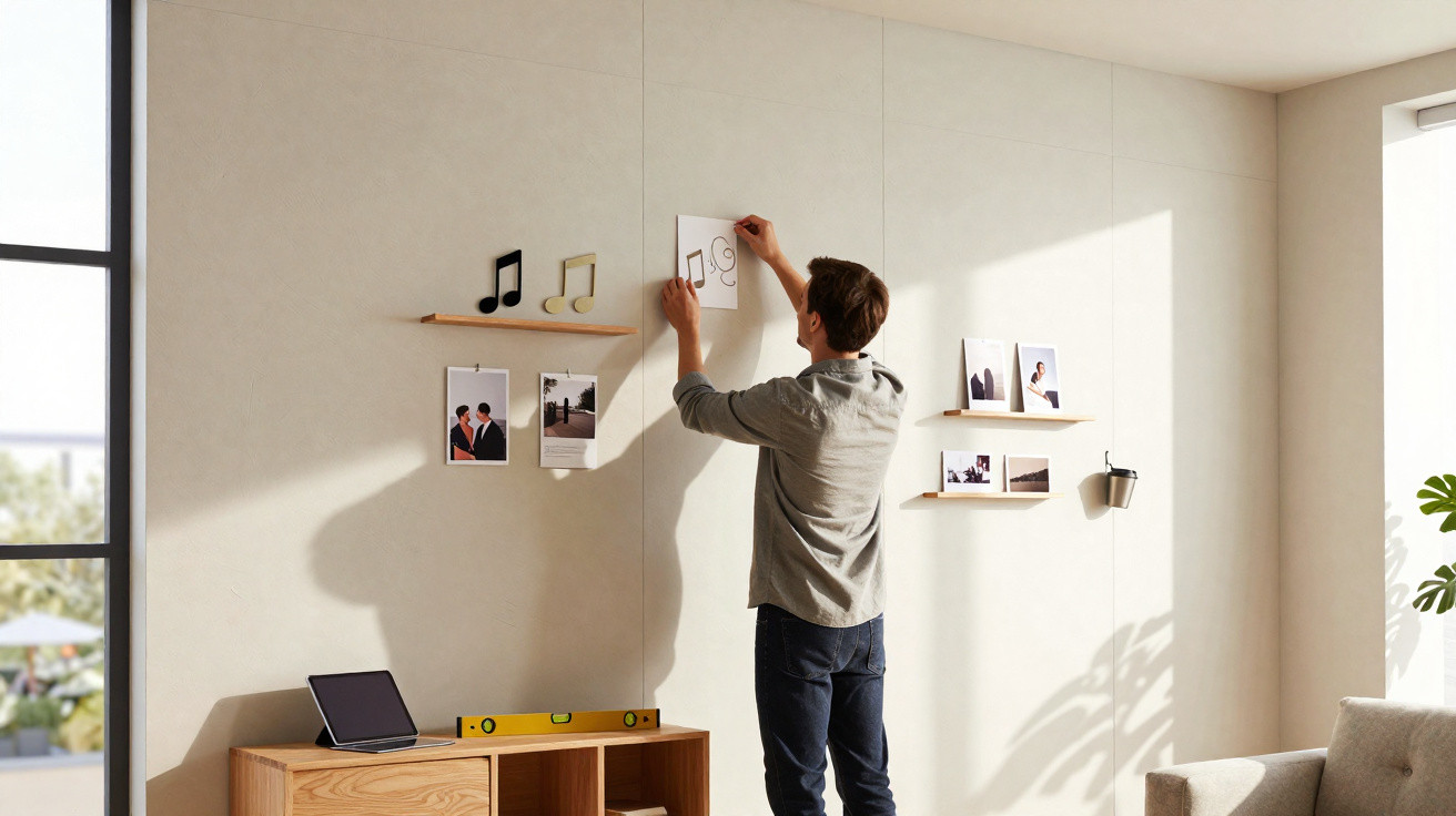 Ein Mann hängt handgezeichnete Musiknoten an eine Wand in einem hellen Wohnzimmer.