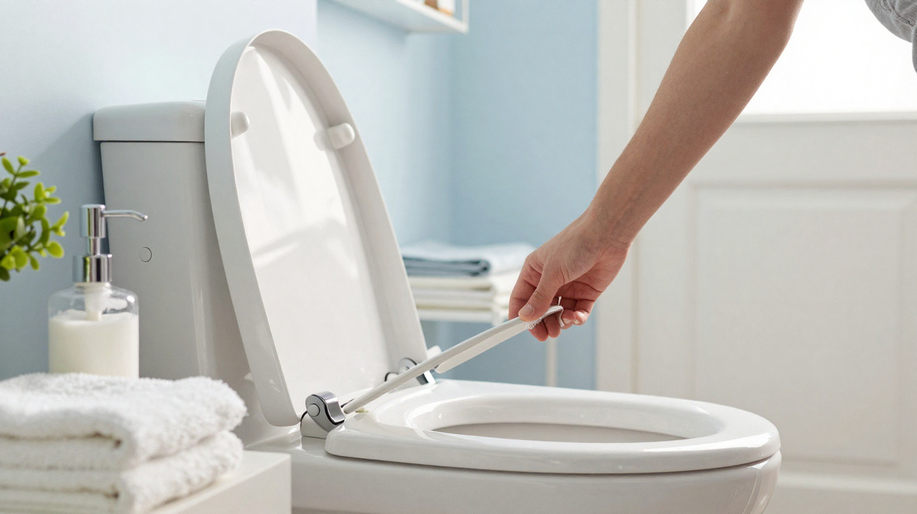 Hand öffnet einen weißen Toilettendeckel in einem hellen Badezimmer mit Handtüchern und Seifenspender.