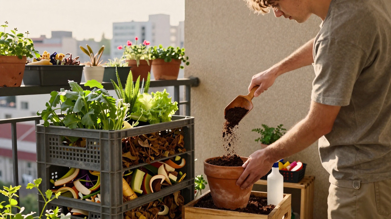 Junger Mann gießt Erde in Blumentopf auf Balkon mit mehreren Pflanzen und urbaner Aussicht.