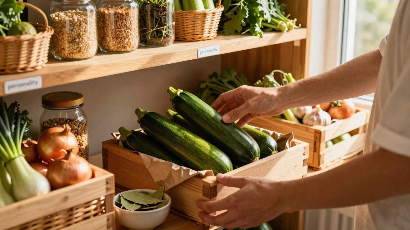 Person nimmt Zucchini aus Holzkiste, umgeben von Gemüse und Vorratsgläsern auf Holzregal.