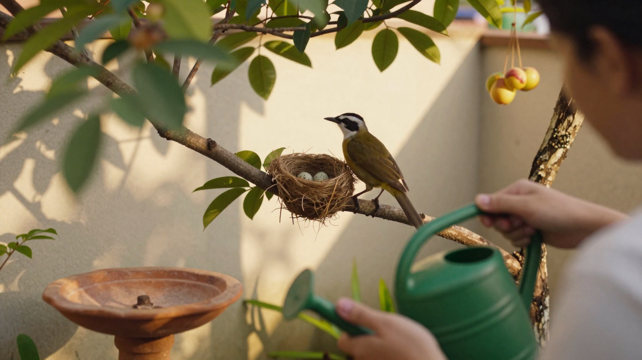Kleiner Vogel sitzt auf Ast neben Nest mit Eiern, während Person mit Gießkanne im Garten steht.