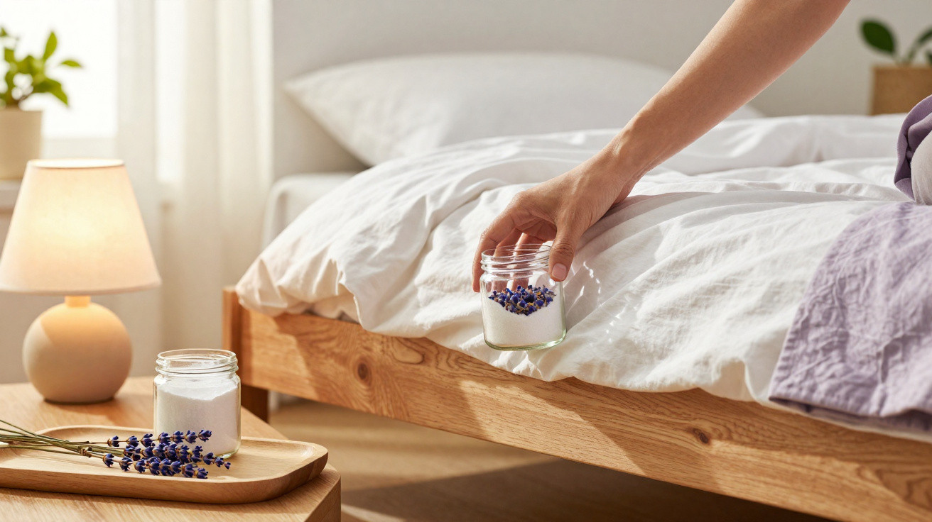 Hand legt Glas mit Duftsalz und Lavendel auf Bett in hellem Schlafzimmer mit Lampe und Holzmöbeln.