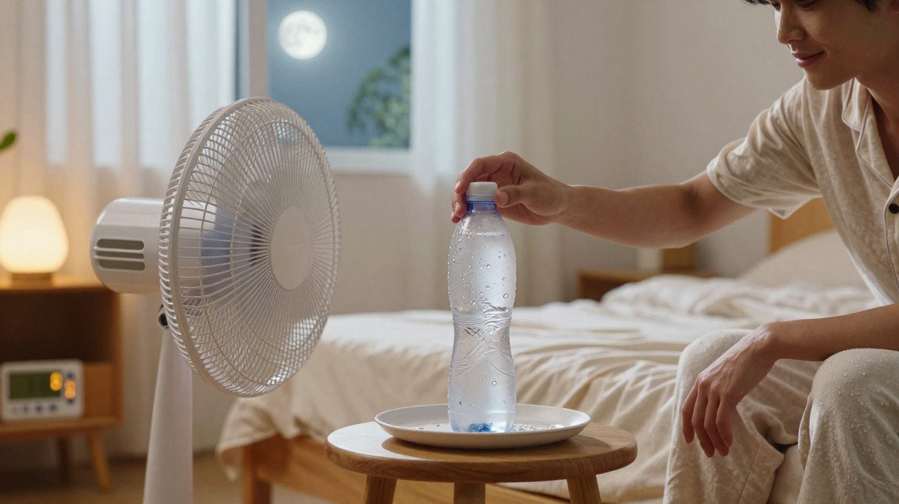 Person stellt nachts eine kalte Wasserflasche vor einen Ventilator im Schlafzimmer.