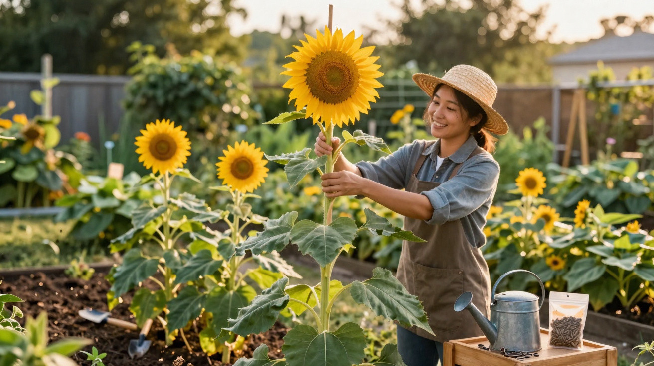 Junge Frau mit Strohhut pflegt große Sonnenblume in einem sonnigen Garten voller blühender Pflanzen.