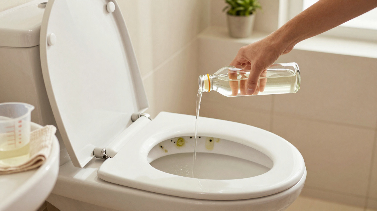 Hand gießt Flüssigkeit aus Flasche in Toilettenschüssel mit Schmutzspuren am Rand.