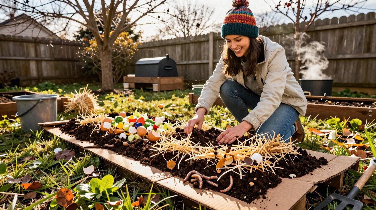 Frau pflanzt Pflanzen im Gartenbeet mit Erde, Eierschalen und Worms, während sie im Freien lacht.