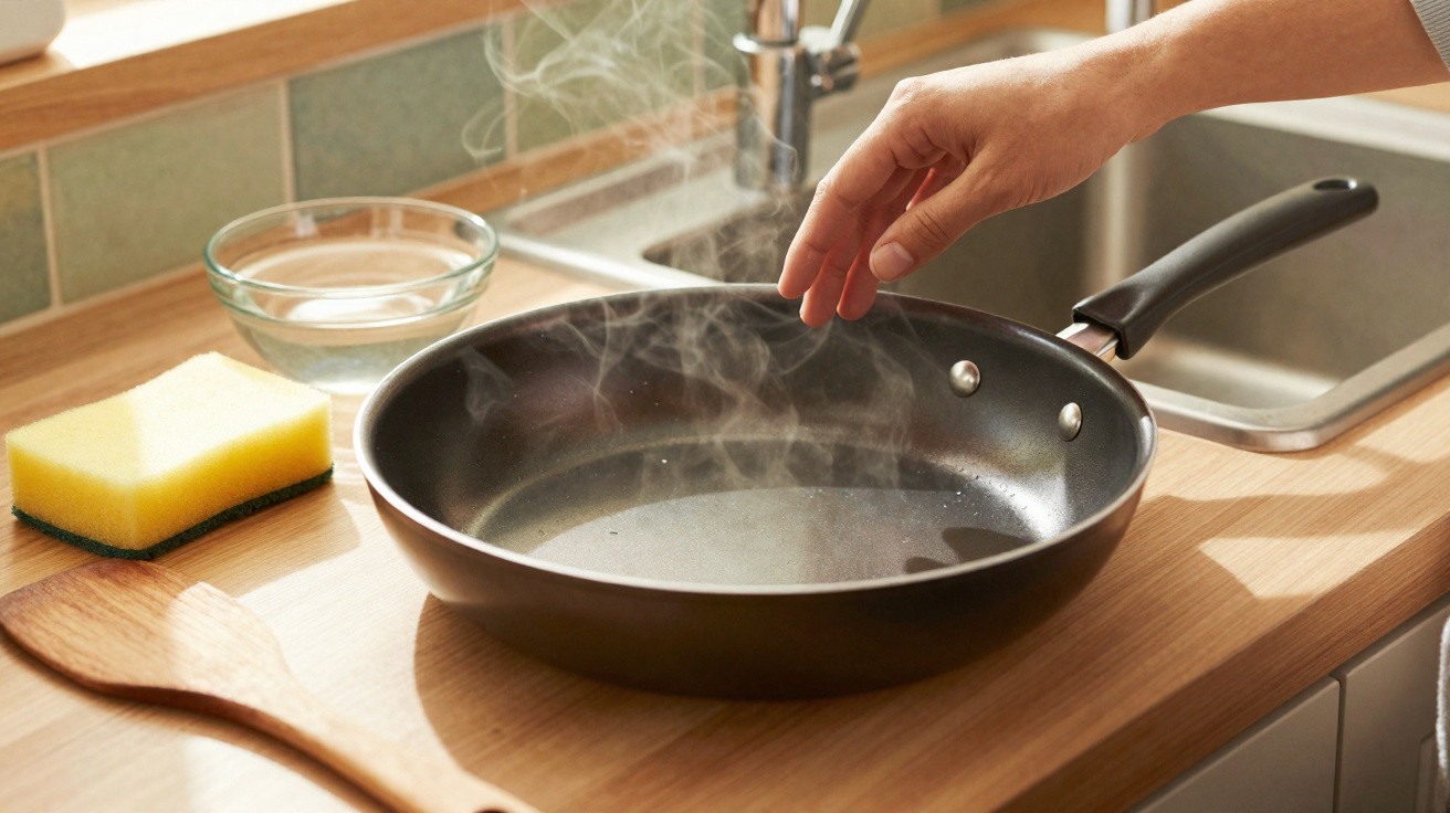 Hand über einer heißen Pfanne mit Dampf auf einer Küchenarbeitsplatte neben Spülbecken und Schwamm.