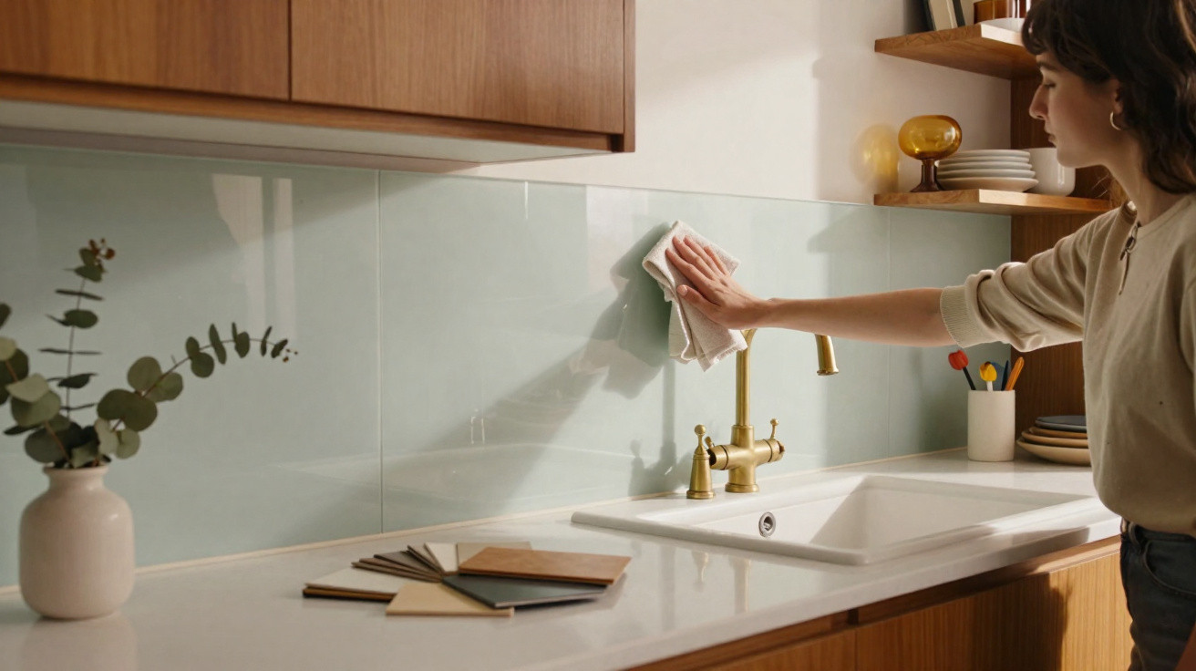 Frau reinigt Küchenspiegel über Spüle mit goldfarbenem Wasserhahn in modern eingerichteter Küche.