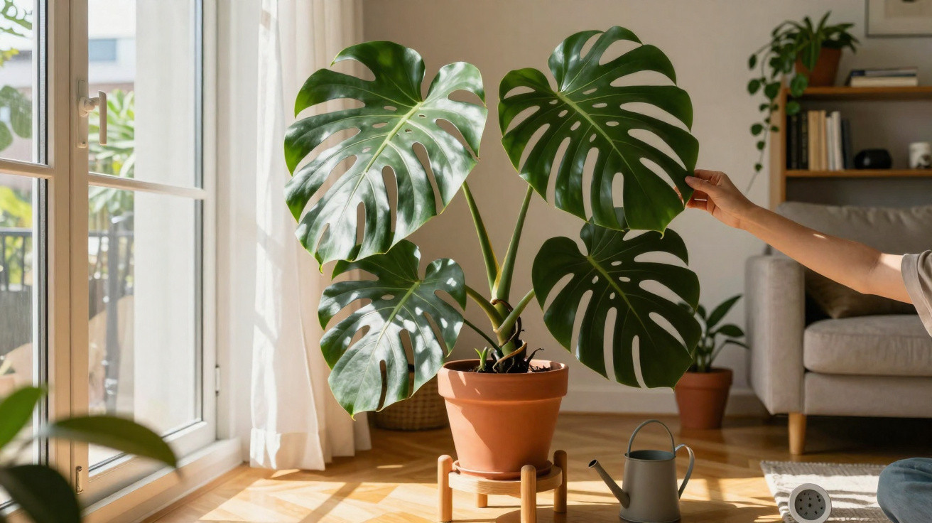 Große Monstera-Pflanze in Terrakottatopf in hellem Wohnzimmer mit Sonnenlicht und Hand, die ein Blatt berührt.