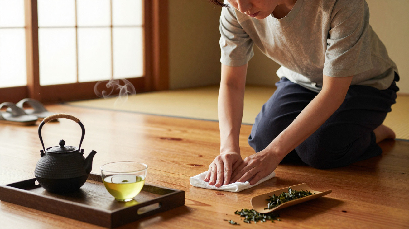 Frau kniet und wischt Boden, daneben dampfende Teekanne und grüner Tee auf Holztablett im japanischen Raum.