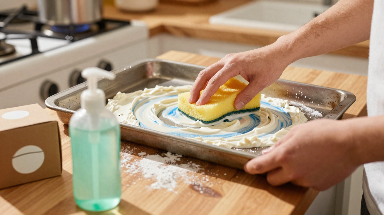 Person reinigt mit gelbem Schwamm und Seife ein Backblech in einer Küche.