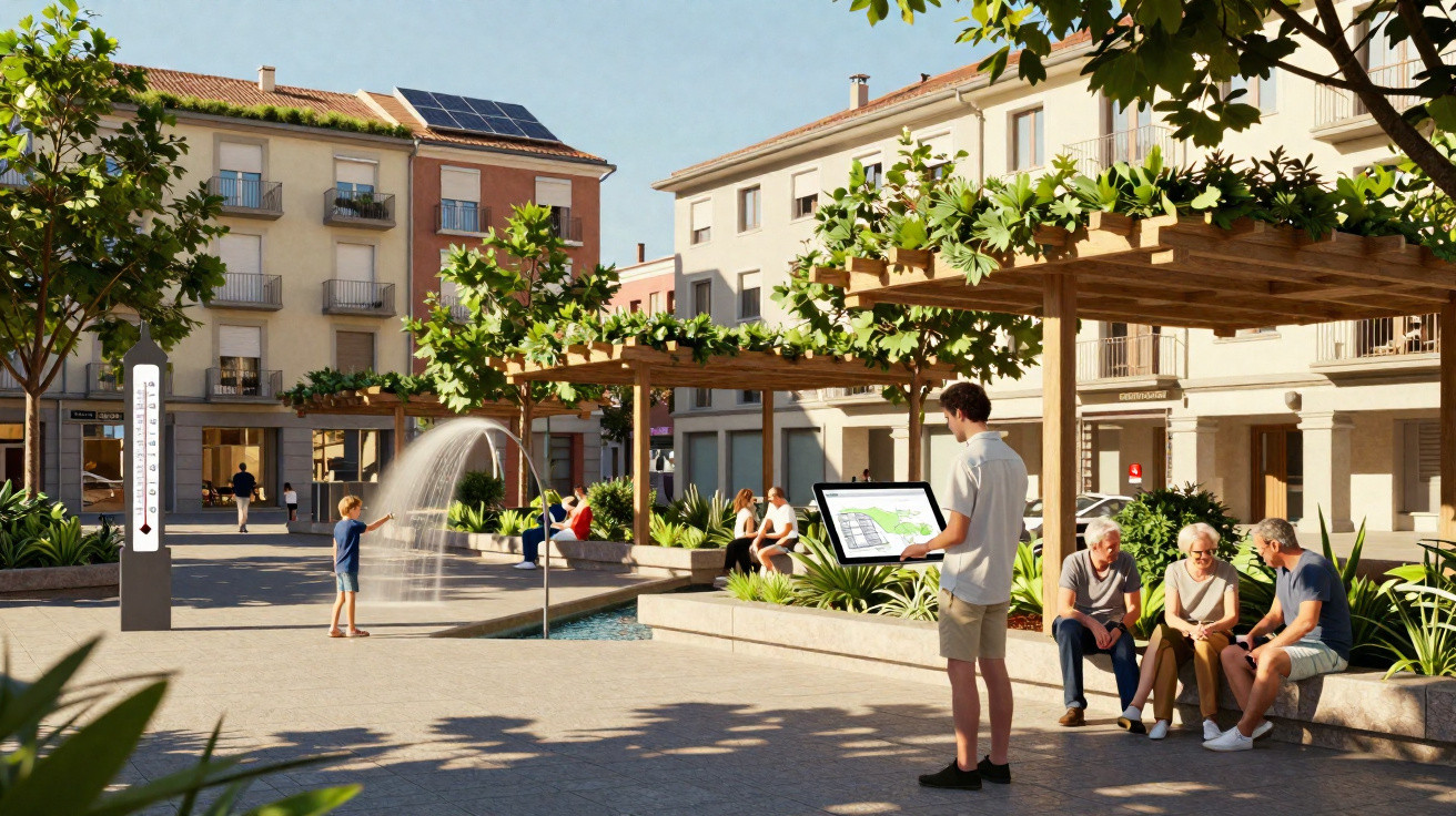 Moderner, sonniger Stadtplatz mit Springbrunnen, Bänken, schattigen Pergolen und Menschen in entspannter Atmosphäre