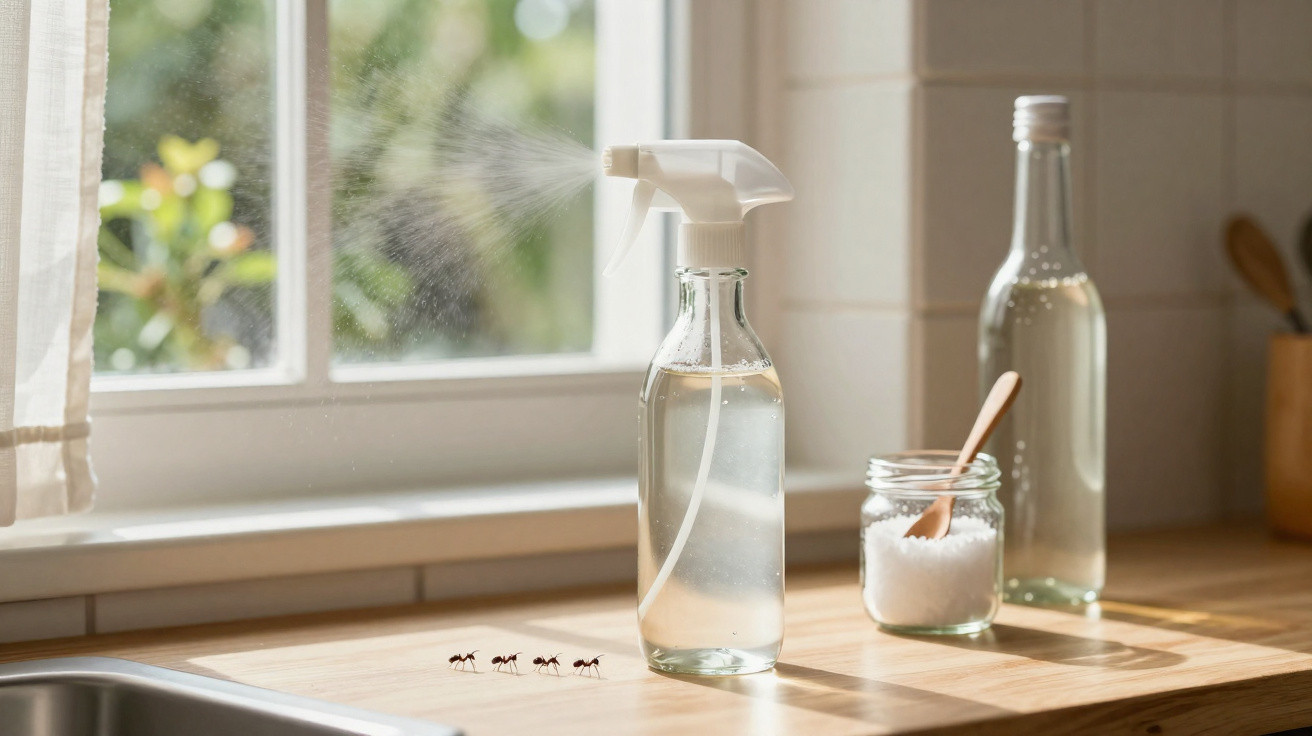 Sprühflasche sprüht Wasser auf Arbeitsfläche mit vier Ameisen, neben Glasflasche und Salzglas mit Löffel.