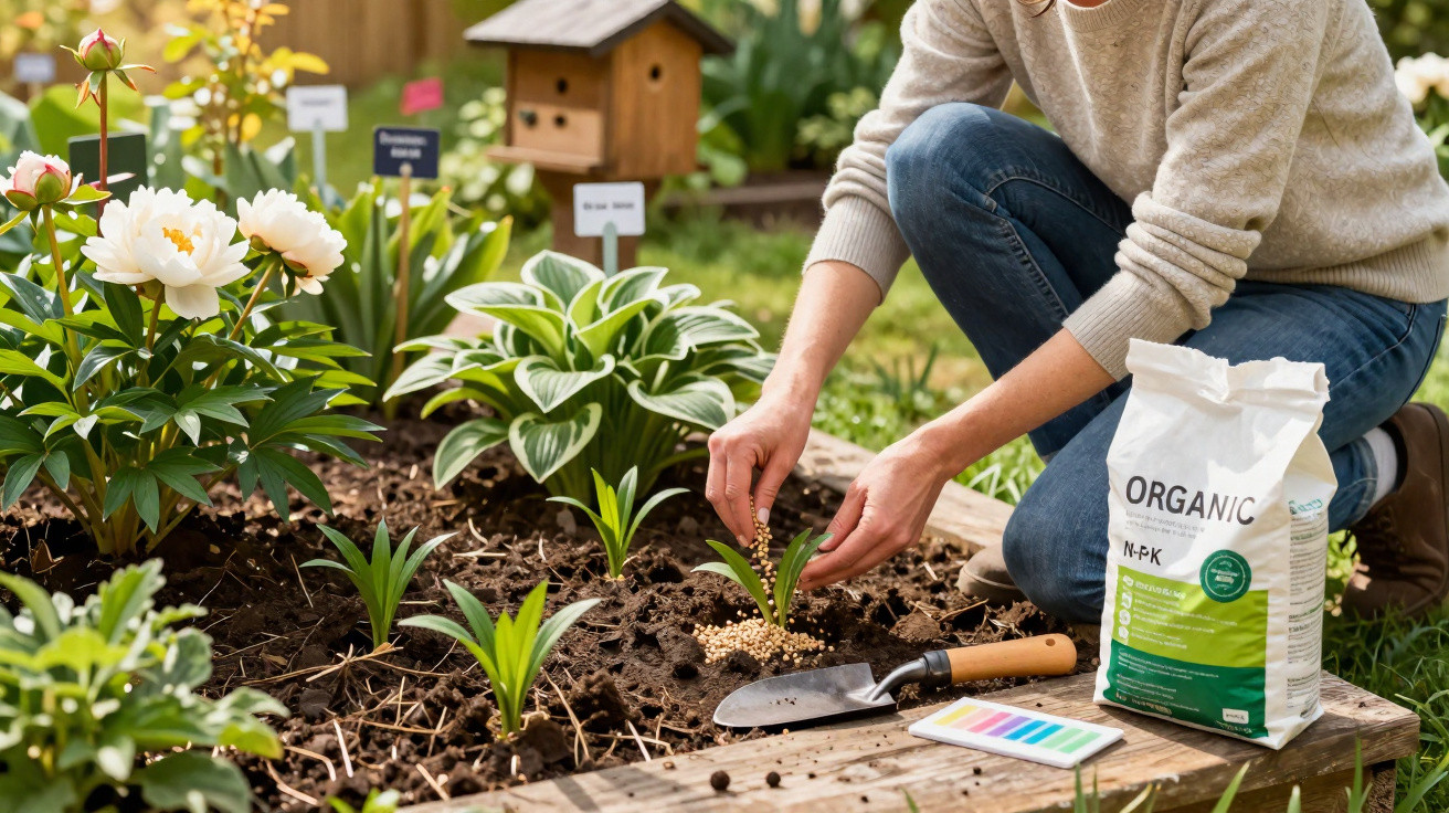 Person düngt junge Pflanzen in einem Beet mit organischem Dünger, Gartengerät und Blüten im Hintergrund.