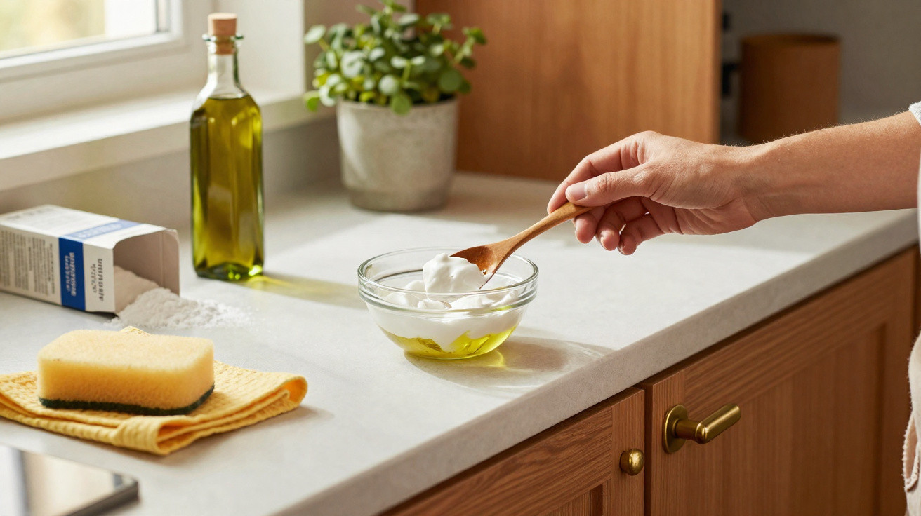 Hand rührt mit Holzlöffel weiße Creme in Glasschüssel auf Küchenarbeitsplatte mit Schwamm und Ölflasche.