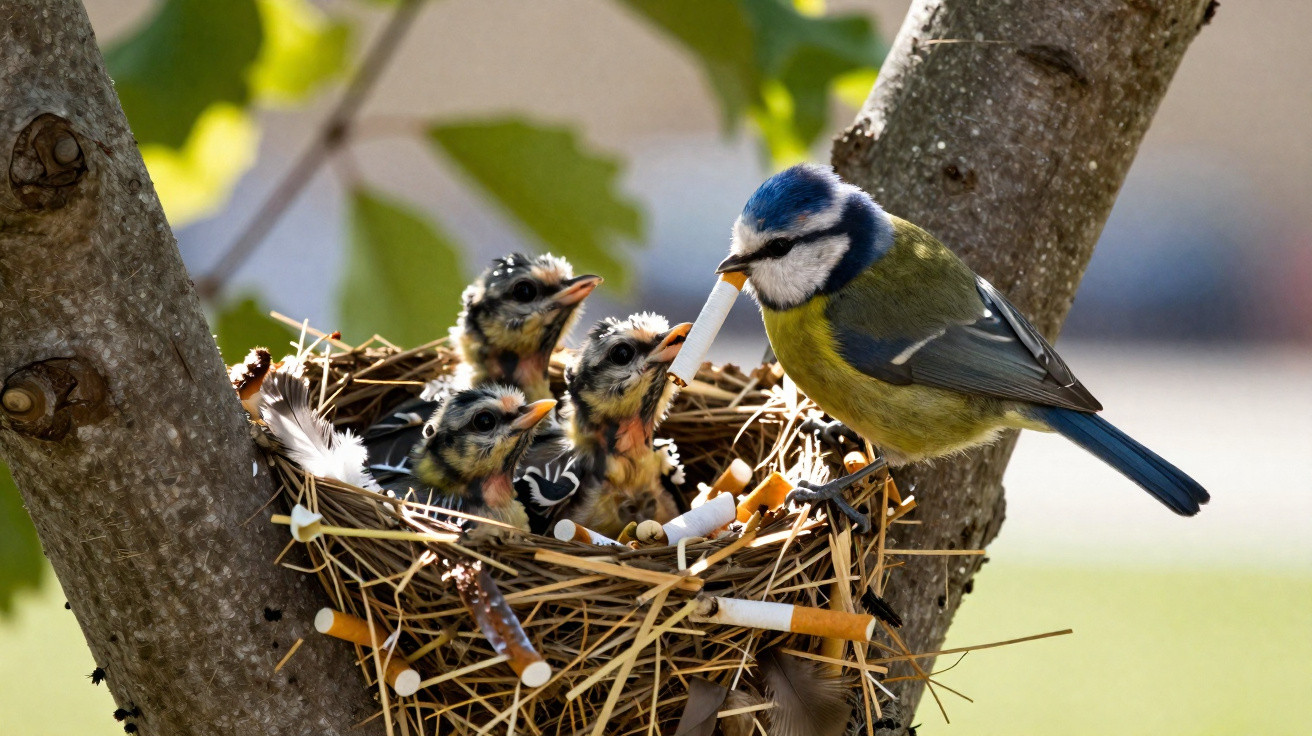 Blaumeise füttert Jungvögel in Nest, das mit vielen Zigarettenstummeln in einem Baum gebaut ist.