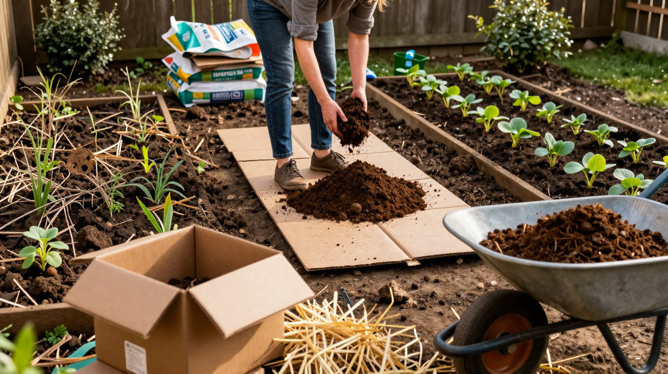Person verteilt Erde auf einem Gartenbeet, umgeben von Pflanzen, Karton und Schubkarre mit Erde.