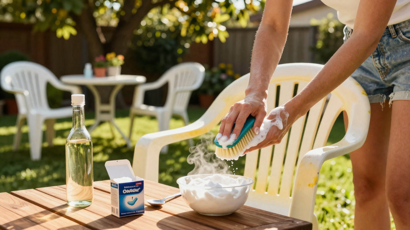 Person schrubbt mit Bürste und Seifenschaum weißen Gartenstuhl im sonnigen Garten.