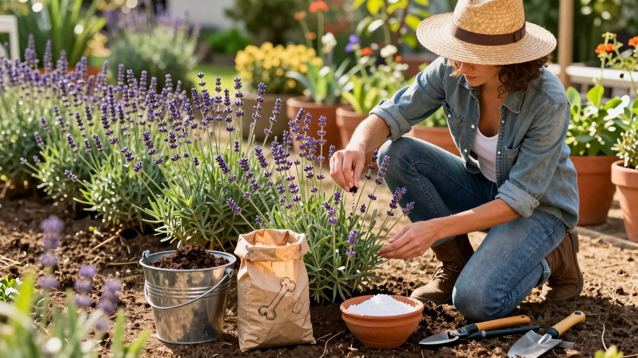 Frau mit Strohhut pflegt Lavendelpflanzen in Garten, umgeben von Gartengeräten und Töpfen mit Erde.