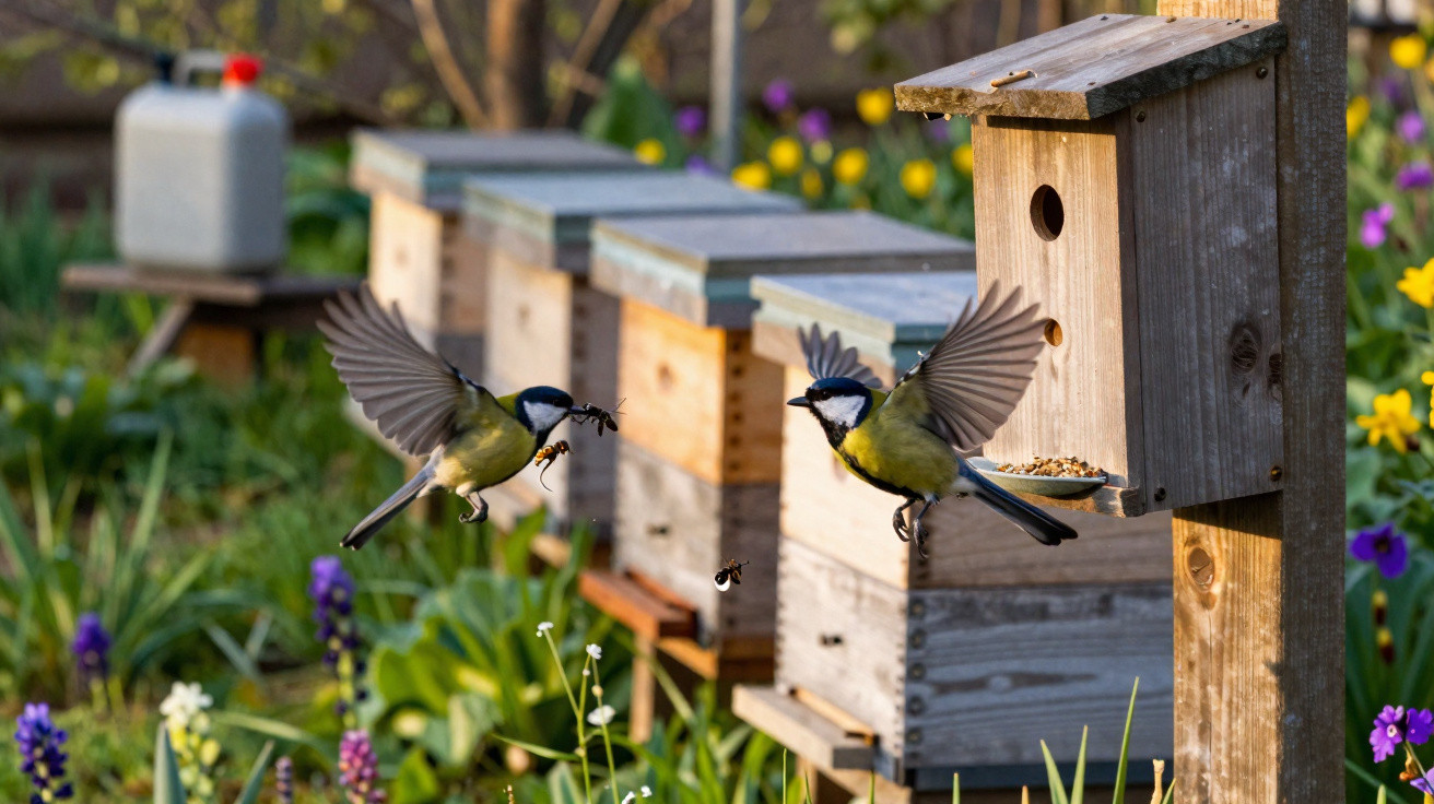 Zwei Meisen fliegen vor mehreren Bienenstöcken in einem blühenden Garten im Sonnenlicht.
