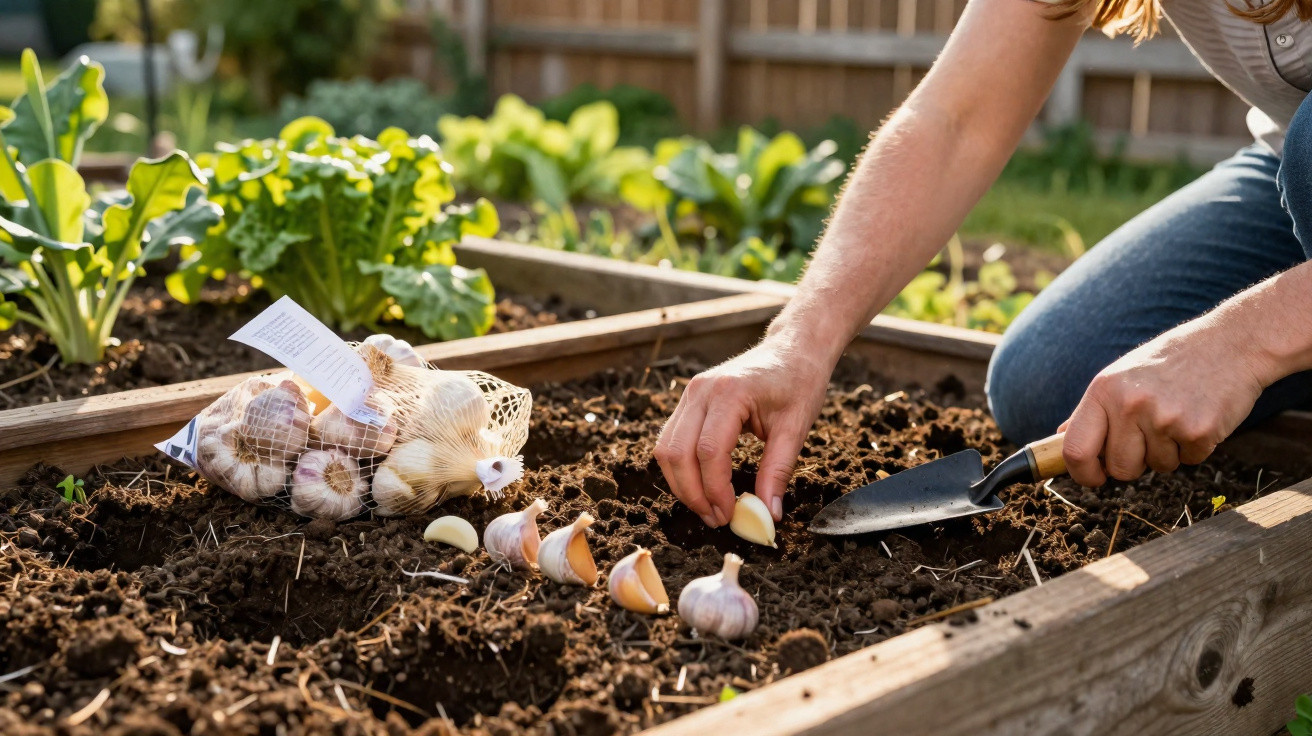 Person pflanzt Knoblauchzehen in ein Hochbeet im Garten bei sonnigem Wetter.