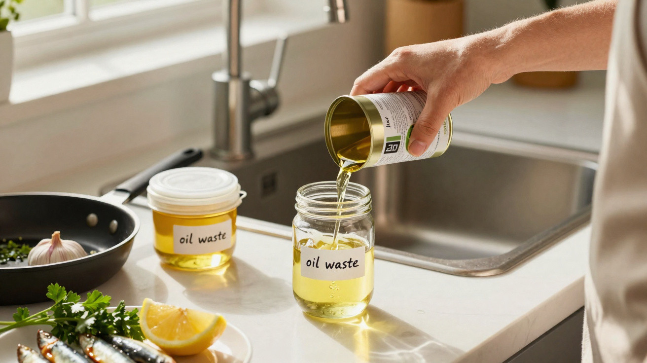 Hand gießt gebrauchte Ölreste in Glas mit Aufschrift „oil waste“ in moderner Küche am Spülbecken.