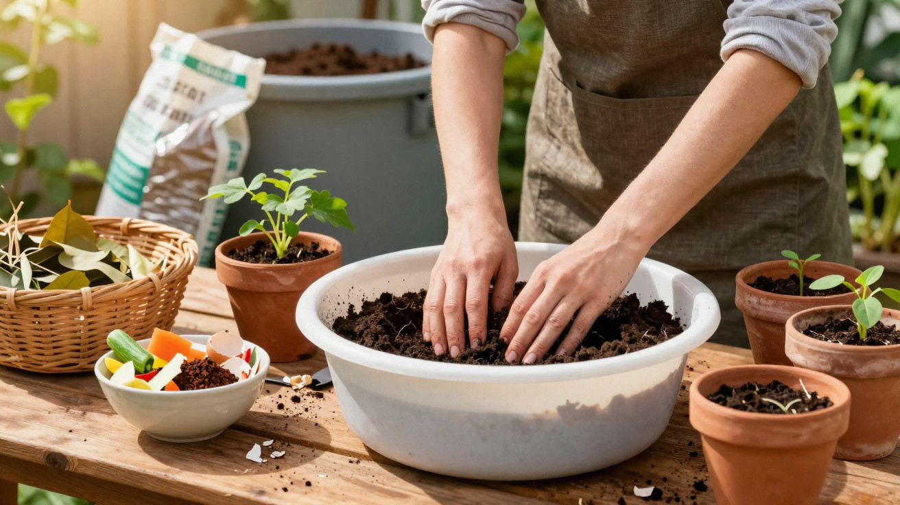 Person mit Schürze pflanzt Setzlinge in Blumenerde in einer Schüssel auf einem Holztisch mit Töpfen und Pflanzmaterial.